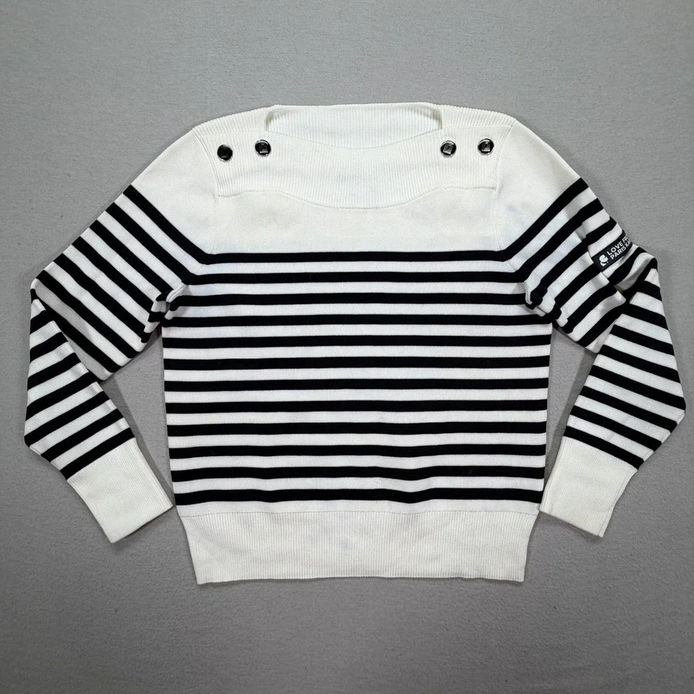 Karl Lagerfeld Sweater Womens M White Black Striped Button‎ Shoulder Knit